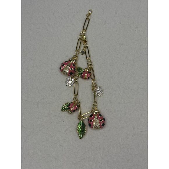 Kate Spade Ladybug Charm Bracelet Gold Tone Pink Enamel Flower Accents - Picture 2 of 3